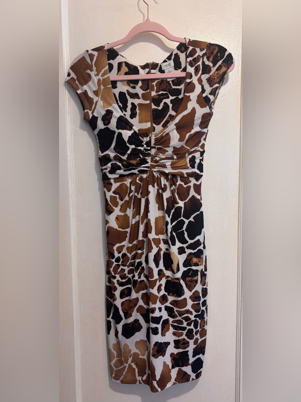 Cache Dress Women’s 4 Y2K Giraffe Animal Print Ruched Midi Brown Bodycon Fall